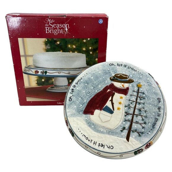 Make The Season Bright Snowman Christmas Cake Stand Plate Pedestal Holiday - Picture 1 of 6